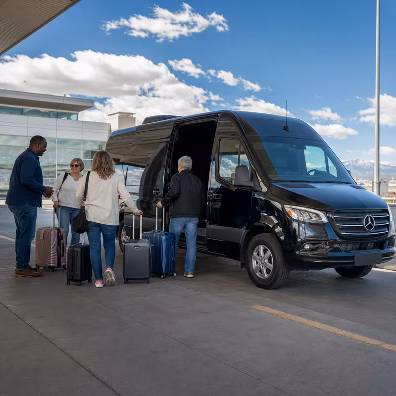 Group boarding a white charter bus for Airport Transportation transportation in Colorado Springs
