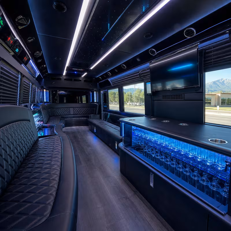 Party bus interior with wraparound leather seating and LED lighting in Colorado Springs