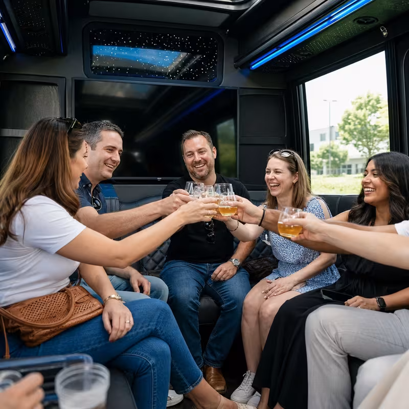 Group boarding a white charter bus for Winery & Brewery Tour Transportation transportation in Colorado Springs